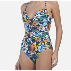 Ellen Tracy One‑Piece ruched l Swimsuit Size 12 Floral Print Preowned